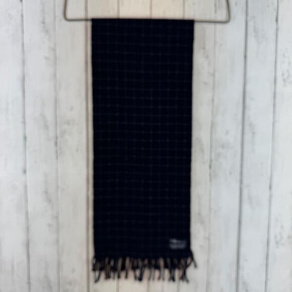 VTG 90's Polo Ralph Lauren Navy Blue Windowpane Plaid Lambswool Fringe Scarf - Picture 9 of 11